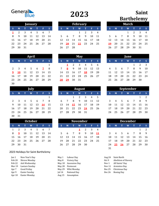 2023 Saint Barthelemy Free Calendar