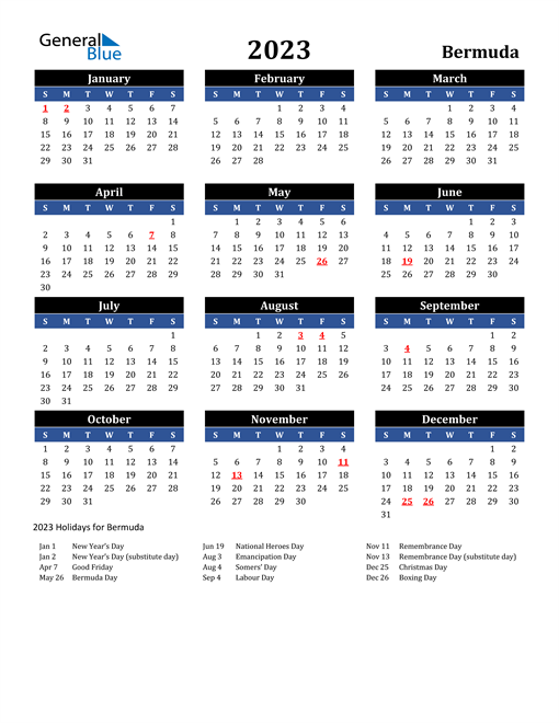 2023 Bermuda Free Calendar