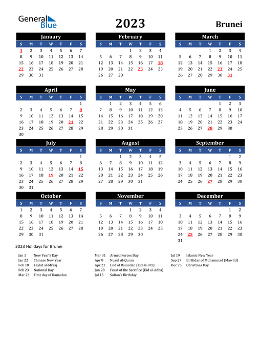 2023 Brunei Free Calendar