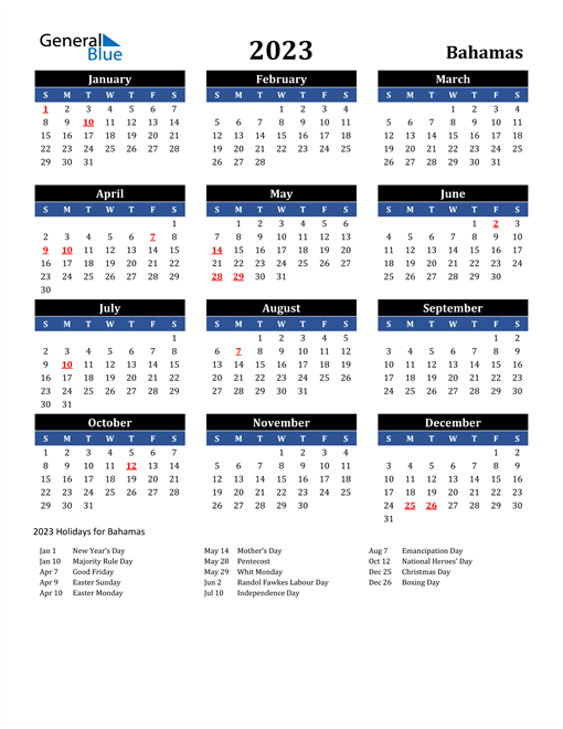 2023 Bahamas Free Calendar