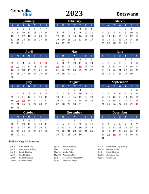 2023 Botswana Free Calendar