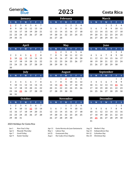 Costa Rica Holidays 2023 | 2023 Calendar