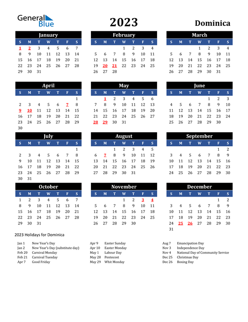 2023 Dominica Free Calendar