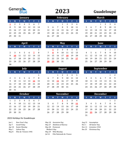 2023 Guadeloupe Free Calendar