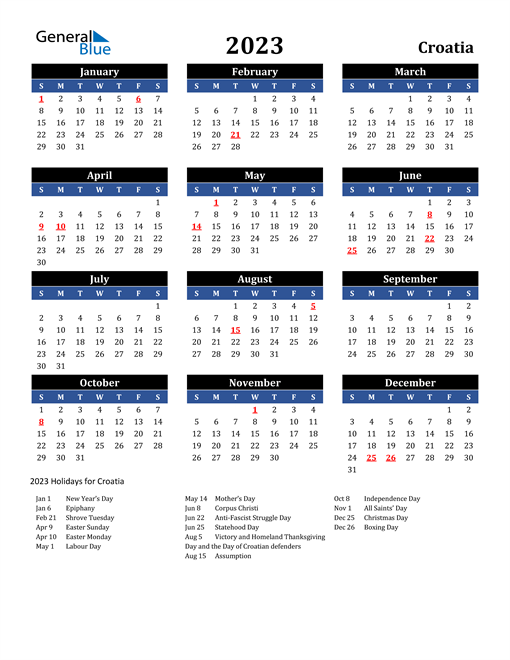 2023 Croatia Free Calendar