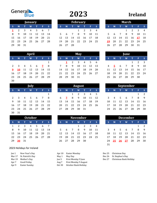 2023 Ireland Calendar With Holidays