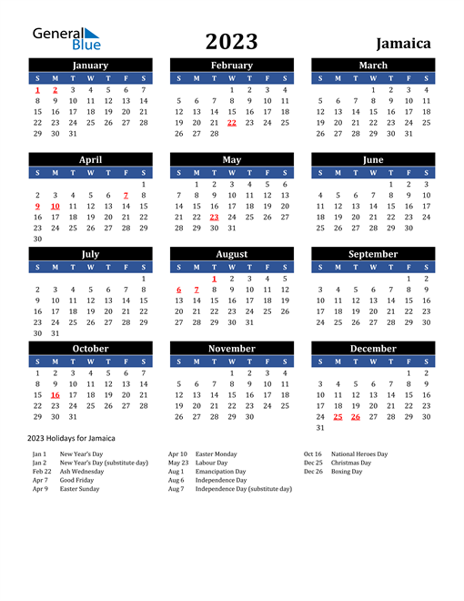 2023 Jamaica Free Calendar