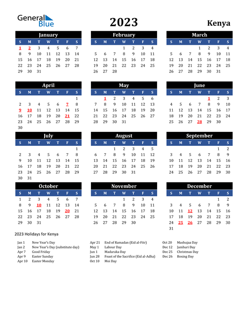 2023 Kenya Calendar with Holidays