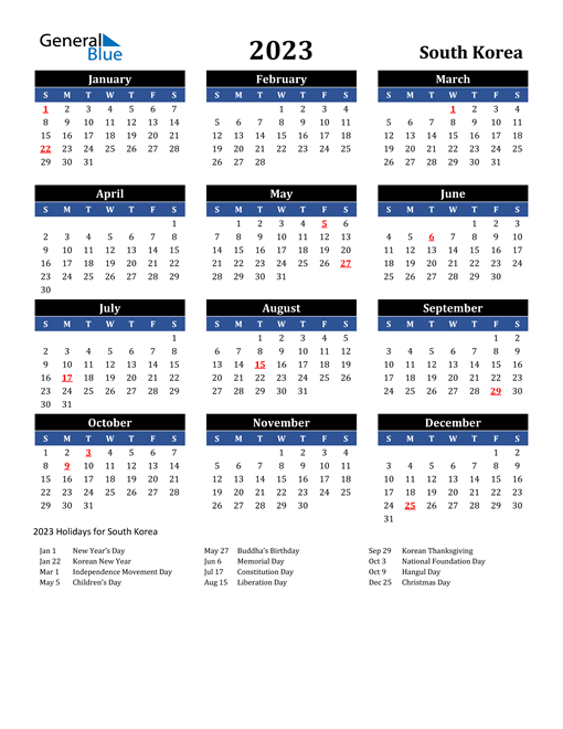 2023 South Korea Free Calendar