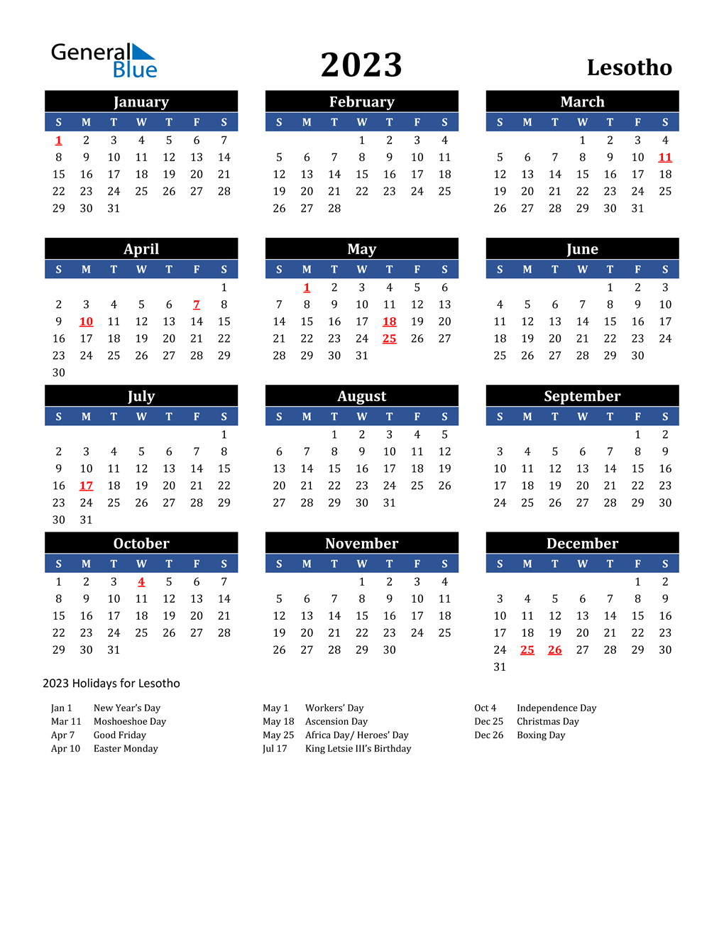 2023 Lesotho Calendar With Holidays