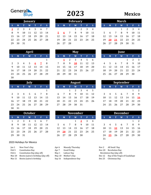 2023 Mexico Free Calendar