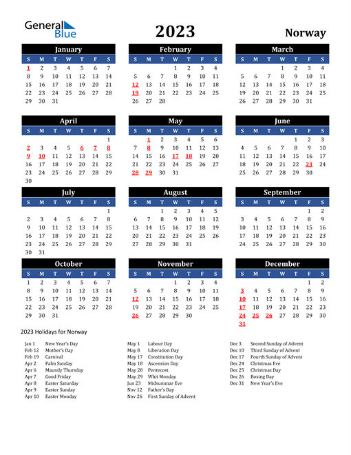 2023 Norway Free Calendar