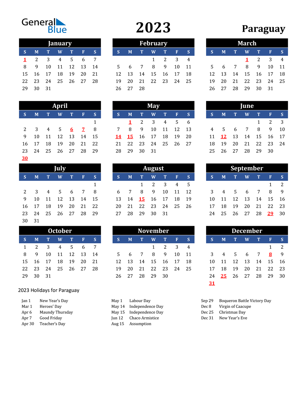 2023 Paraguay Free Calendar