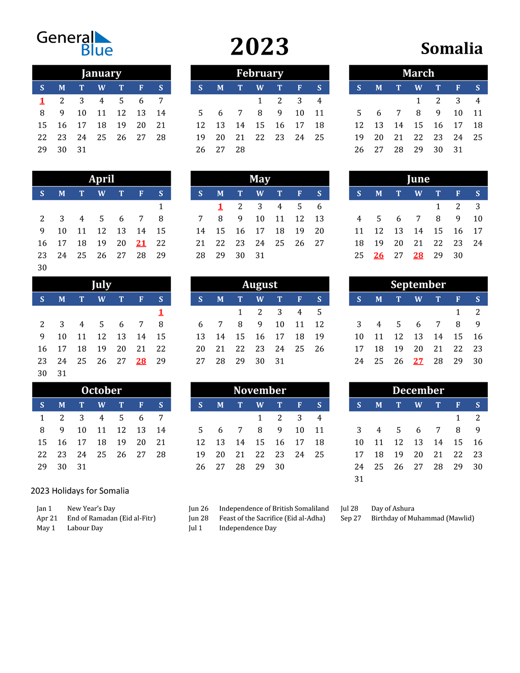 2023 Somalia Calendar with Holidays