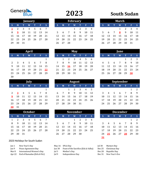 2023 South Sudan Free Calendar
