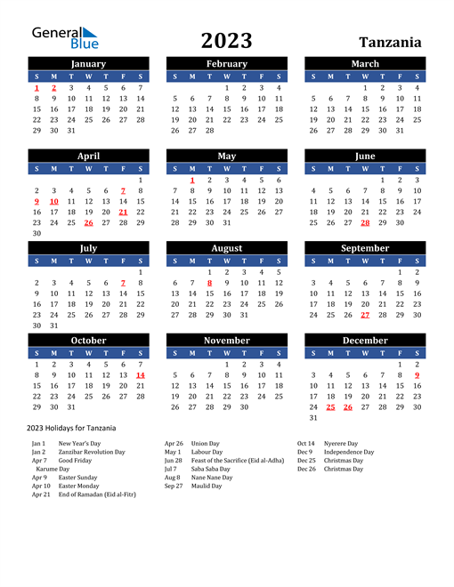 2023 Tanzania Calendar with Holidays