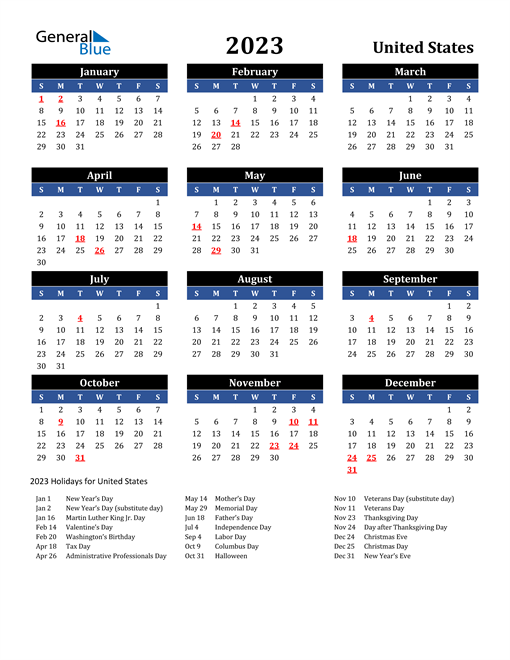 2023 United States Free Calendar