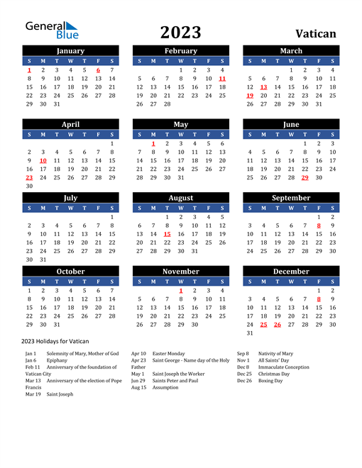 2023 Vatican Free Calendar