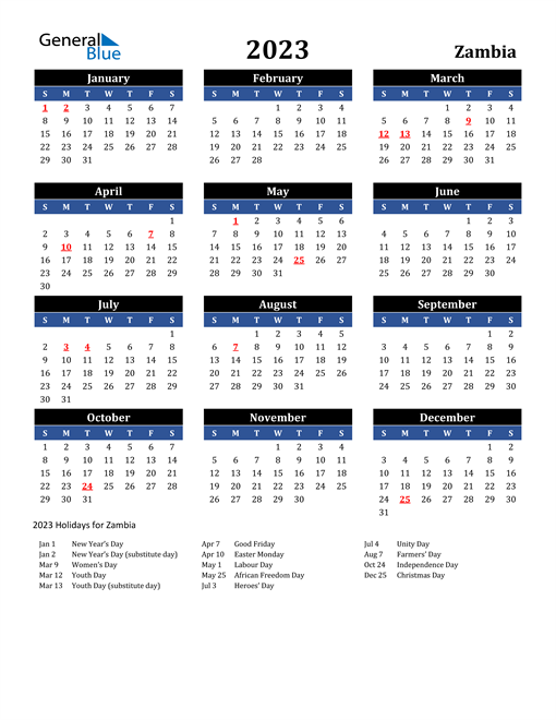 2023 Zambia Calendar With Holidays