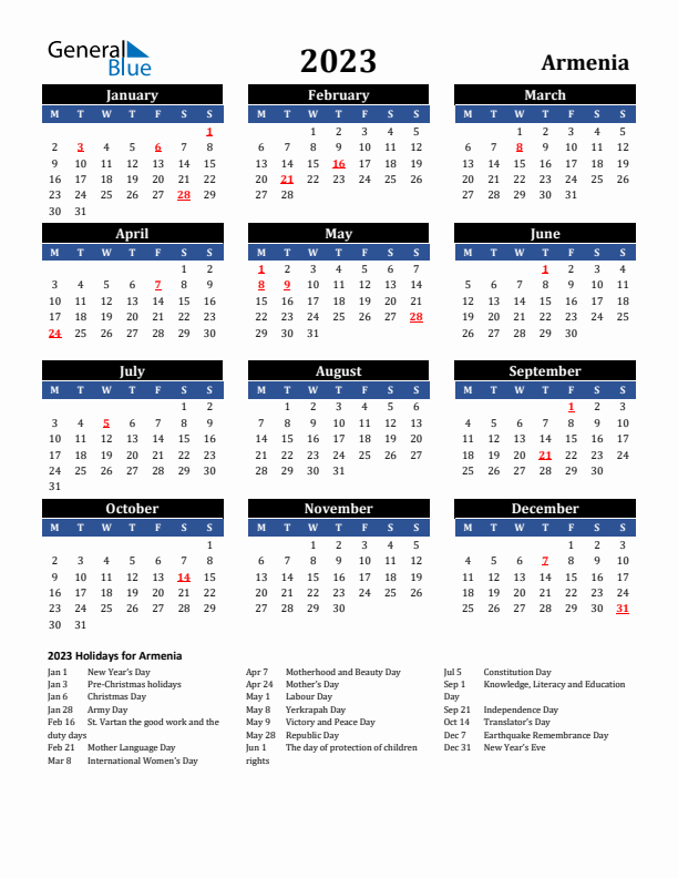2023 Armenia Holiday Calendar