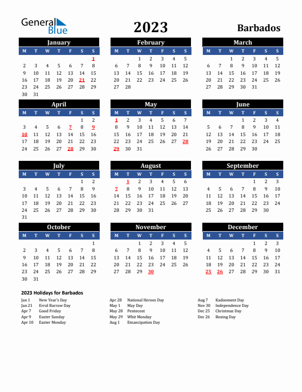 2023 Barbados Holiday Calendar