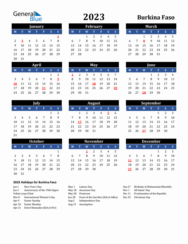 2023 Burkina Faso Holiday Calendar