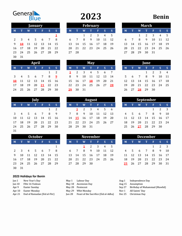 2023 Benin Holiday Calendar