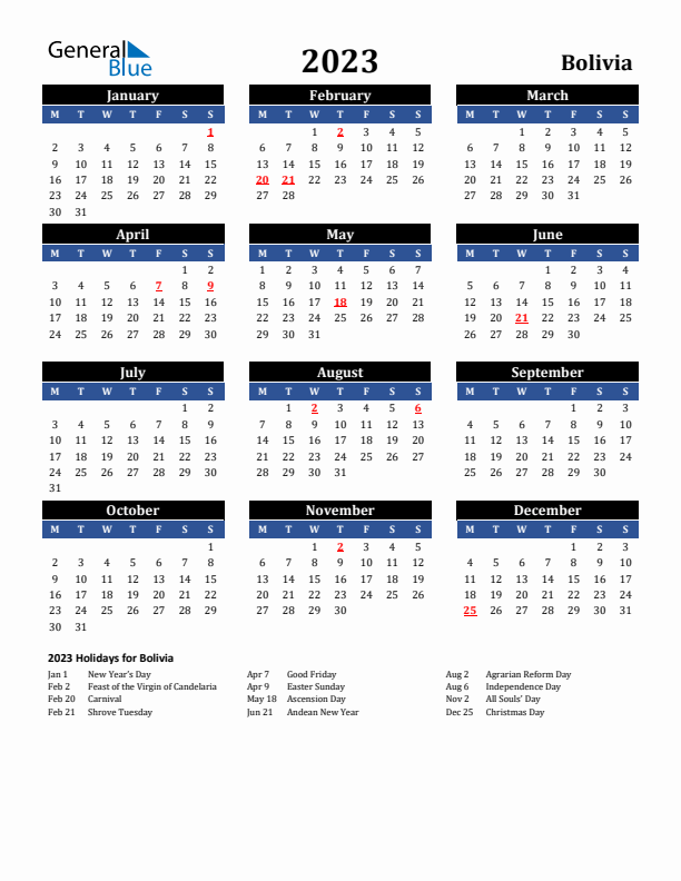 2023 Bolivia Holiday Calendar