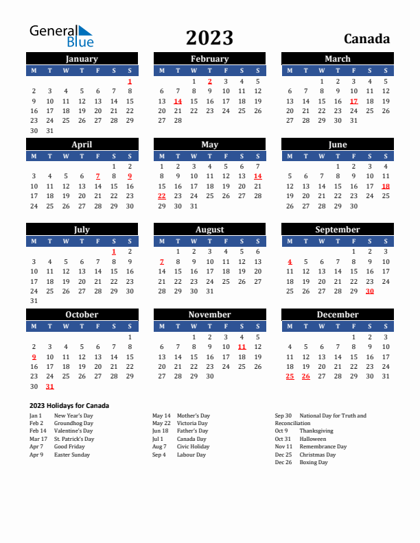 2023 Canada Holiday Calendar