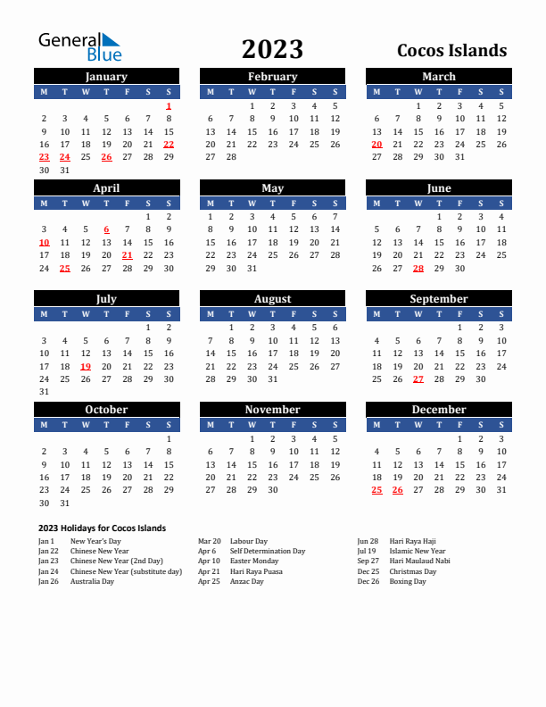 2023 Cocos Islands Holiday Calendar