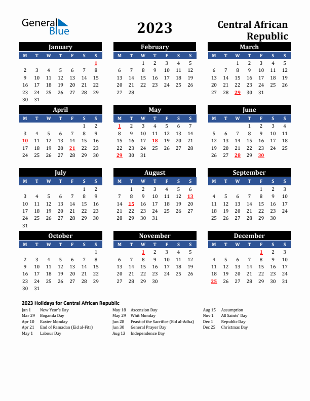 2023 Central African Republic Holiday Calendar