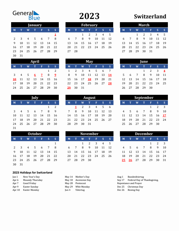 2023 Switzerland Holiday Calendar