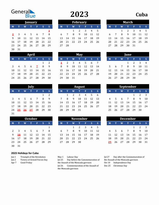 2023 Cuba Holiday Calendar