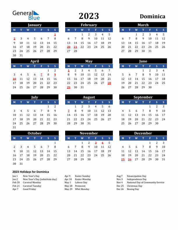 2023 Dominica Holiday Calendar