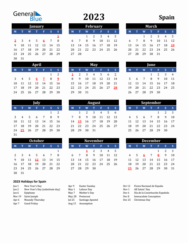 2023 Spain Holiday Calendar