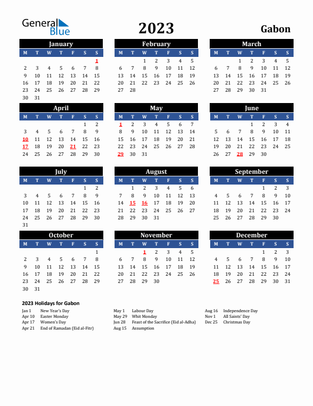 2023 Gabon Holiday Calendar