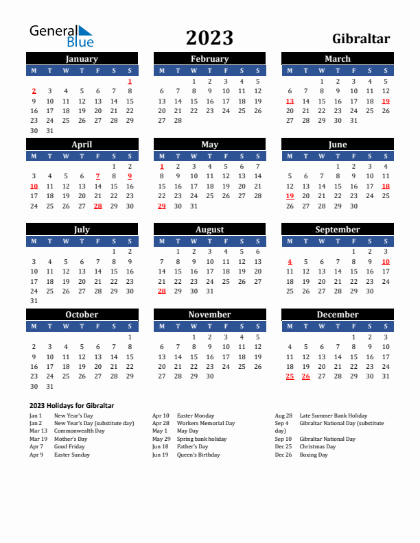 2023 Gibraltar Holiday Calendar