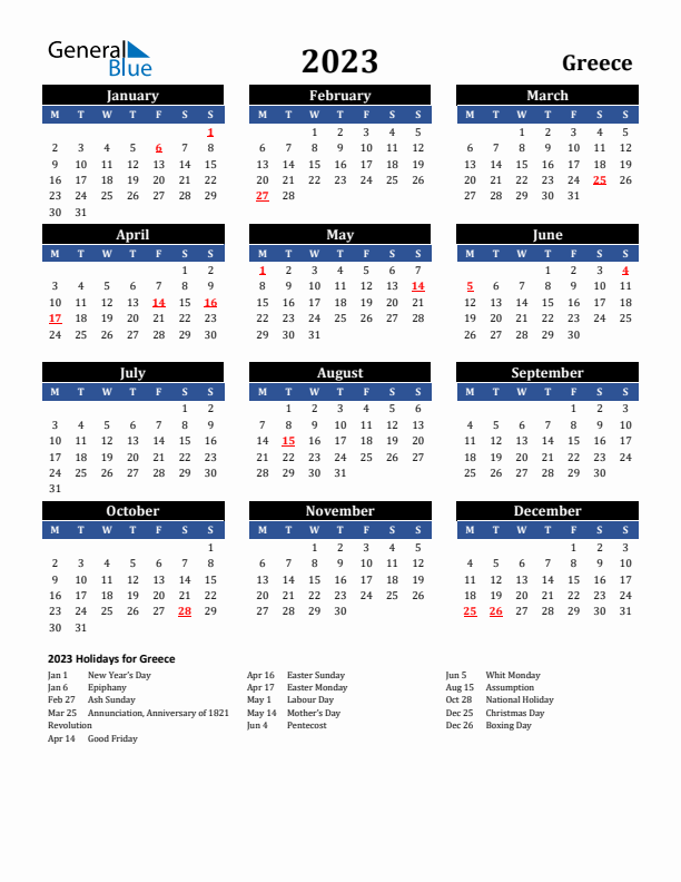 2023 Greece Holiday Calendar