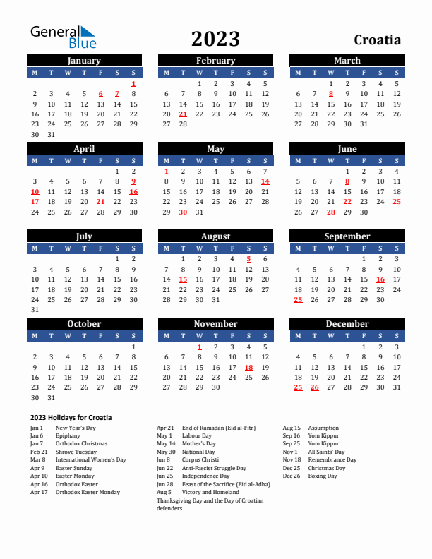 2023 Croatia Holiday Calendar