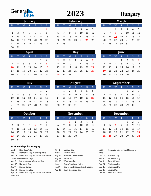 2023 Hungary Holiday Calendar