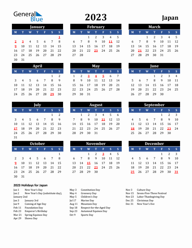 2023 Japan Holiday Calendar