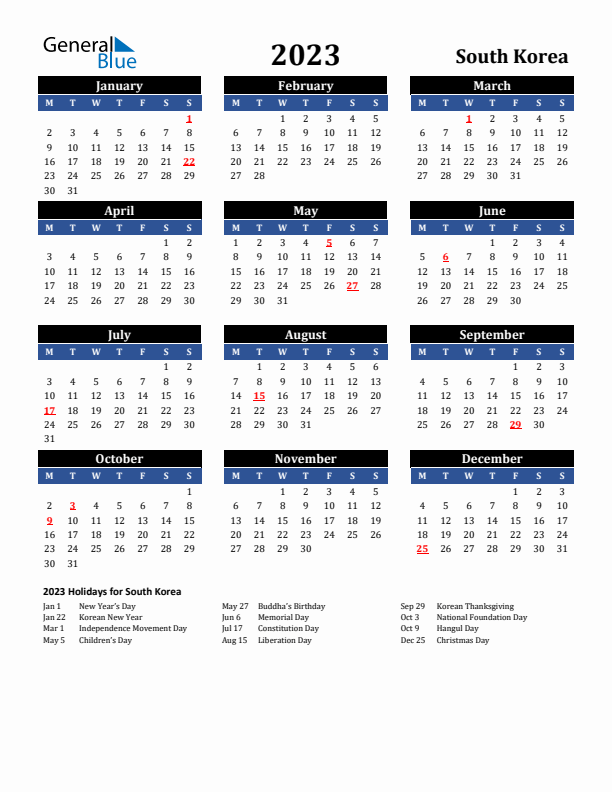 2023 South Korea Holiday Calendar