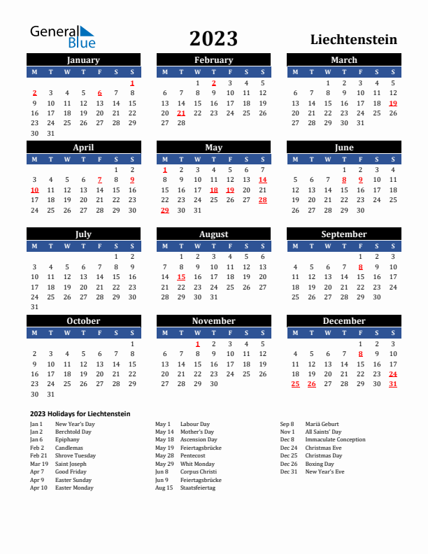 2023 Liechtenstein Holiday Calendar
