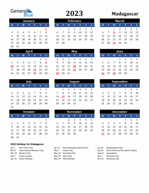 2023 Madagascar Holiday Calendar