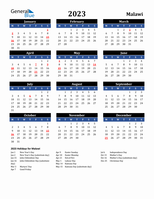 2023 Malawi Holiday Calendar