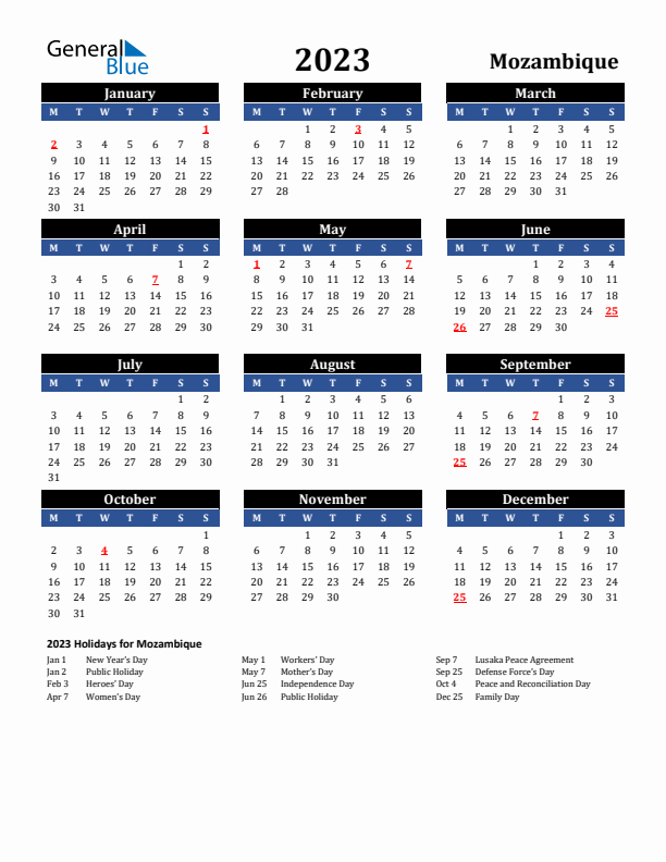 2023 Mozambique Holiday Calendar