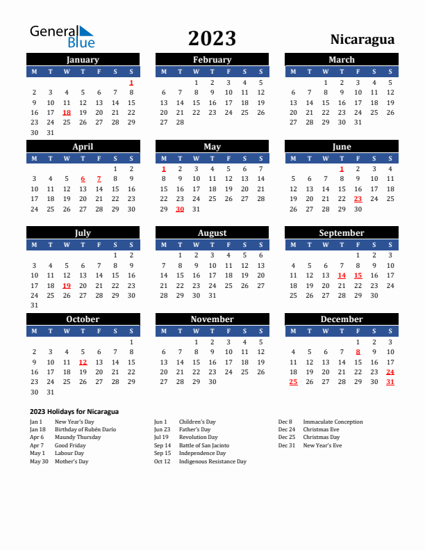 2023 Nicaragua Holiday Calendar
