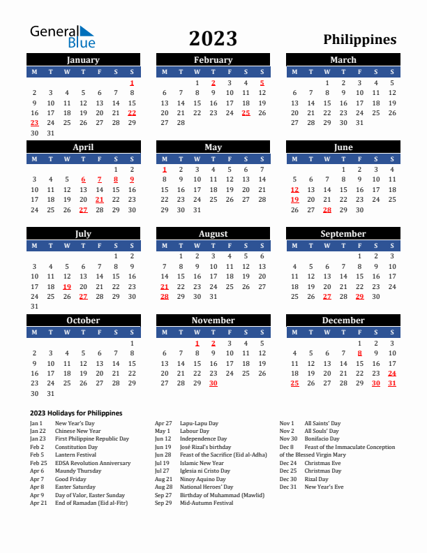 2023 Philippines Holiday Calendar