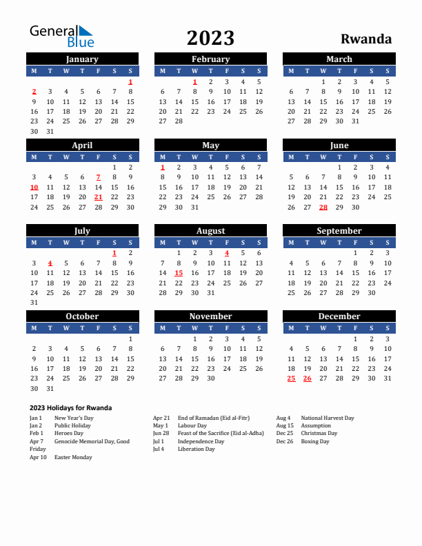 2023 Rwanda Holiday Calendar