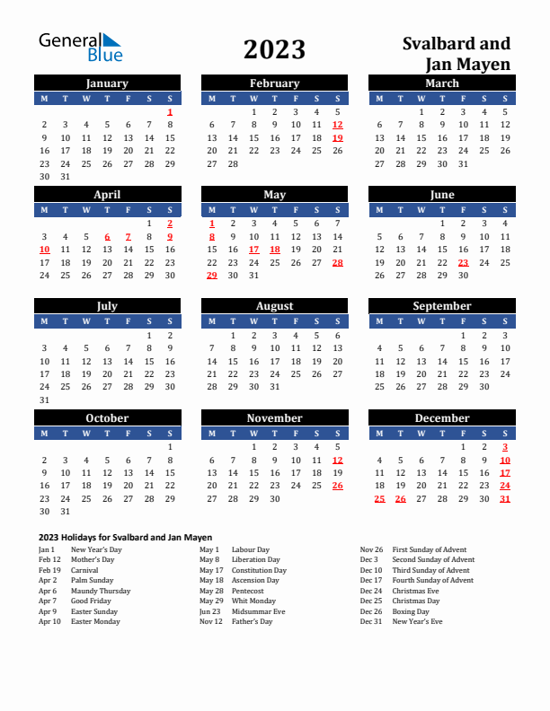 2023 Svalbard and Jan Mayen Holiday Calendar